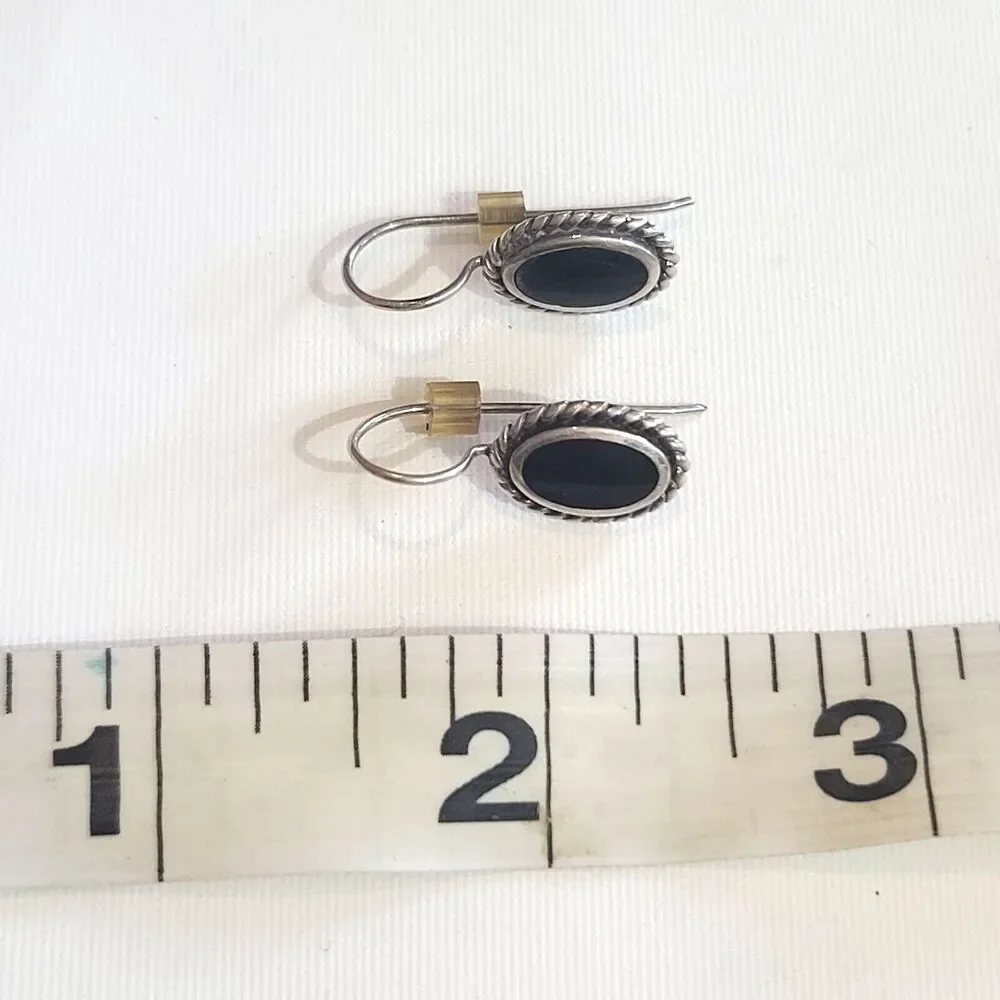 Vintage 925 Sterling Silver Black Onyx Oval Dangle Earrings